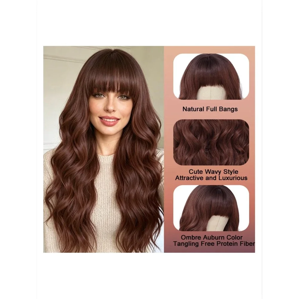 Long Wavy Fringe Wig in Deep Chestnut Brown - Women Hair Extensions